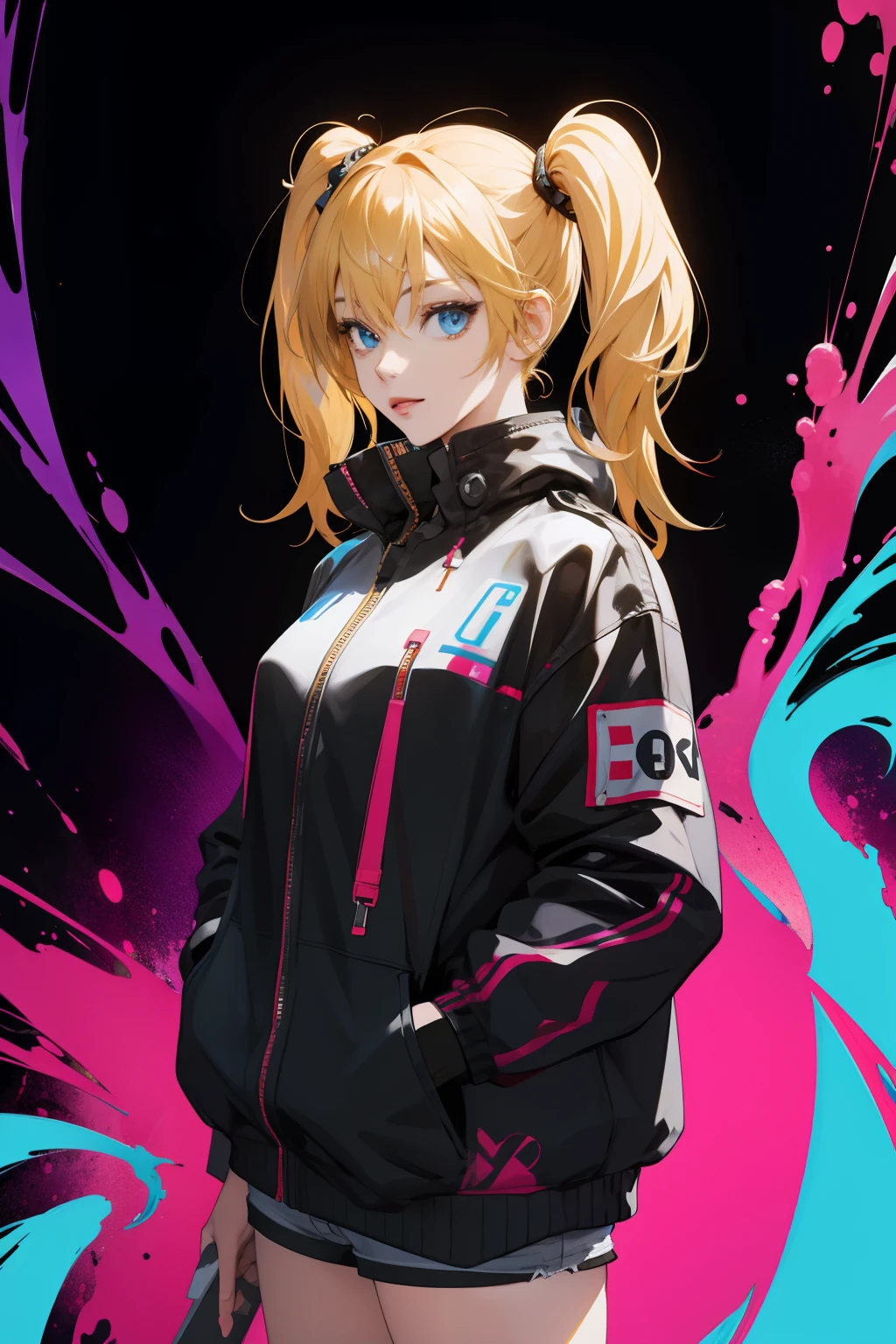 (absurdres, highres, ultra detailed), (1girl:1.3), twintails, blonde hair, BREAK , digital sculpture, 3D modeling, computer-generated forms, virtual art, cutting-edge technology, innovative design, futuristic creations BREAK , psychedelic art, vibrant colors, swirling patterns, optical illusions, hallucinatory visuals, mind-expanding imagery, counterculture influence BREAK , urban style, street-inspired clothing, oversized jackets, graphic prints, statement sneakers, bold accessories, modern cuts, (cowboy shot:1.3)