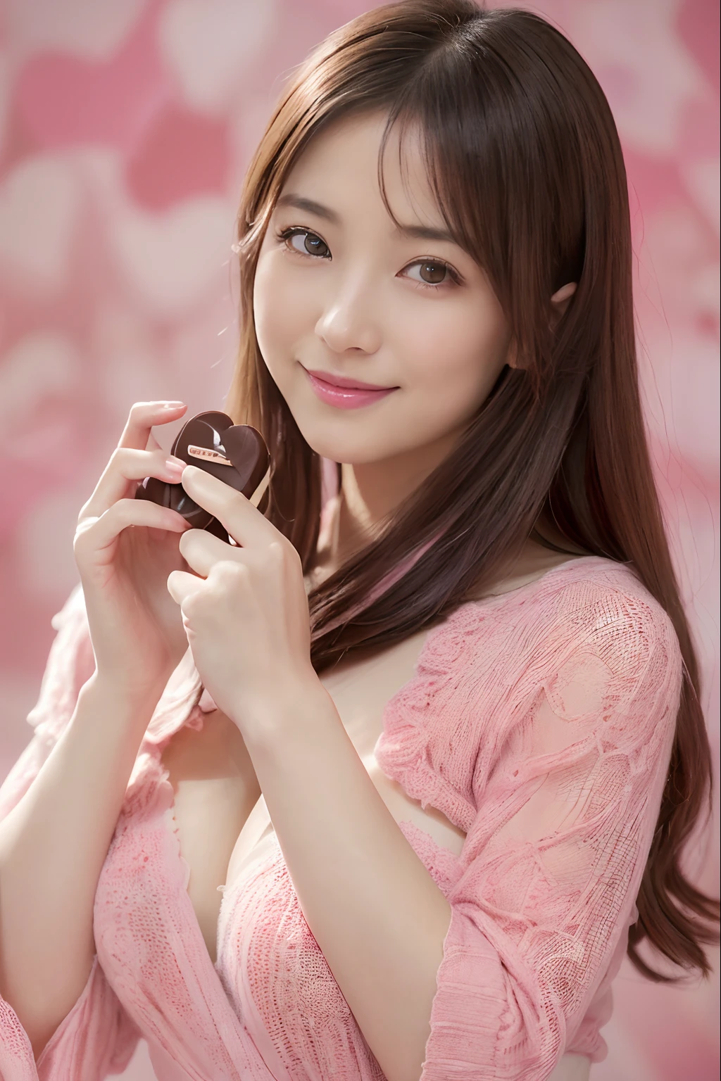 ((1 housewife,The most beautiful faces in Japan,40 year old,Photographing from the waist up)),((((Hold out a luxuriously wrapped chocolate to the camera,Valentine's Day Chocolate,Pretty Gift Wrapping,Heart-shaped gift,Hold out the wrapped chocolate picture to the camera)))),(The background is the living room of the apartment),((A detailed face,Looking at the camera,Long knit pink hand-knit,large full breasts,smil,Looking at the camera,A smile,Perfect makeup,Long hair,Bright lighting)),((,Perfect fingers,perfect arms,细致背景,top-quality,The ultra -The high-definition,Perfect Anatomy,high-definition RAW color photography,professional photograpy, extremely delicate and beautiful, Extremely detailed,finely detail, Huge file size,Top image quality,8K,Award-Winning Works,masutepiece)