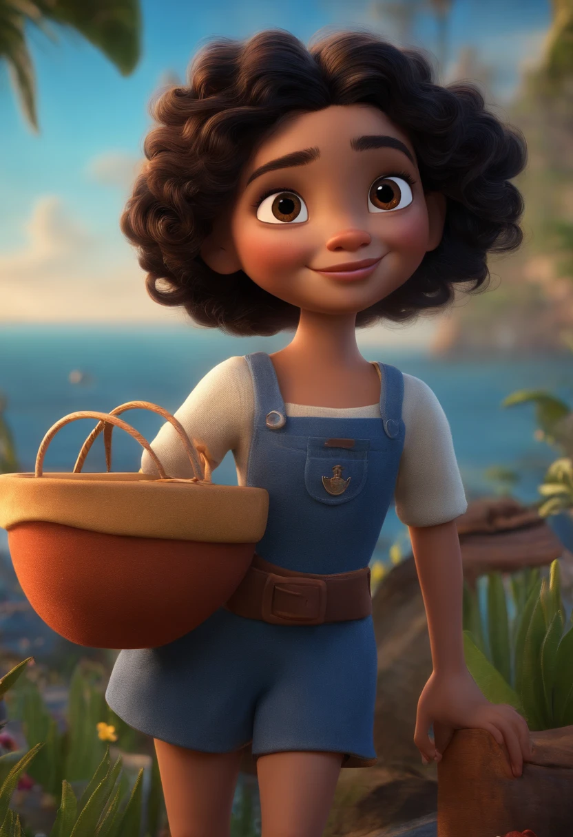 Imagem estilo Pixar com personagem 3D mulher morena cabelo pretos com uma, Maquiagem Disney,Pescador, bonitinho, sorridente ,Close-up, Pixar, Disney, Cinema lighting,