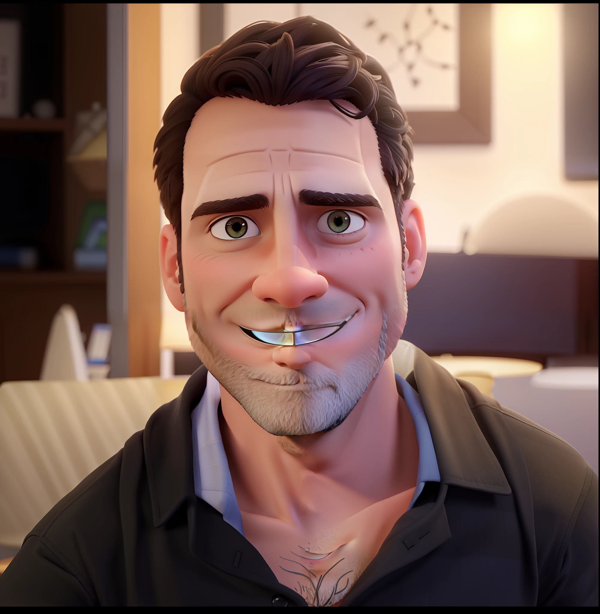 Um homem de 42anos , illuminated by the light of a lamp, contra o pano de fundo de uma biblioteca