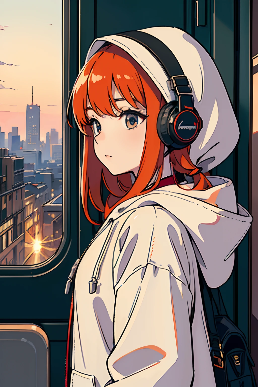 (masterpiece, sidelighting, ultra-detailed, finely detailed beautiful eyes: 1.2), 1girl, bag, building, from side, headphones, hood, hood down, hooded jacket, hoodie, jacket, long hair, orange hair, profile, red hair, solo, train, train interior, upper body, Masterpiece, best quality