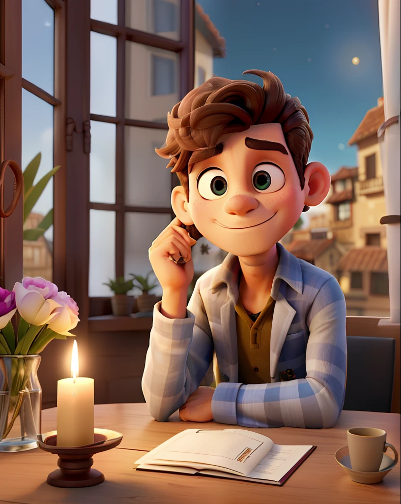 Um homem vestindo um terno como o do Jack skellington, veste uma capa de bruxo prata, Next to it is a small round table with a golden candlestick and in the background a window, cortinas cor de vinho, poses while looking at the camera sideways, cabelos pretos, rosto sem barba, rosto magro, In his hand a dark Zul umbrella, The sky that appears in the window is dark and starry