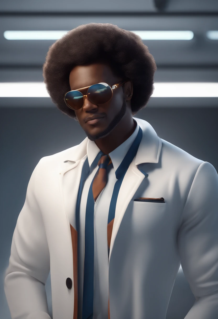 Personagem de desenho animado de um homem negro, enfermeiro esteticista, wearing goggles, in a white coat gives the Virtuosa brand, um personagem animado, Caractere estilizado, animation style rendering, 3D estilizado,