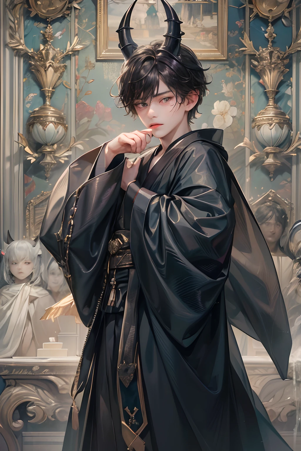 (absurdres, highres, ultra detailed, HDR), masterpiece, best quality, 1 little boy , 12 years old, short body, big eyes, short black hair, handsome face, wearing simple black long robe, anime eyes, simple background, detailed face, seperated floating horns above his head