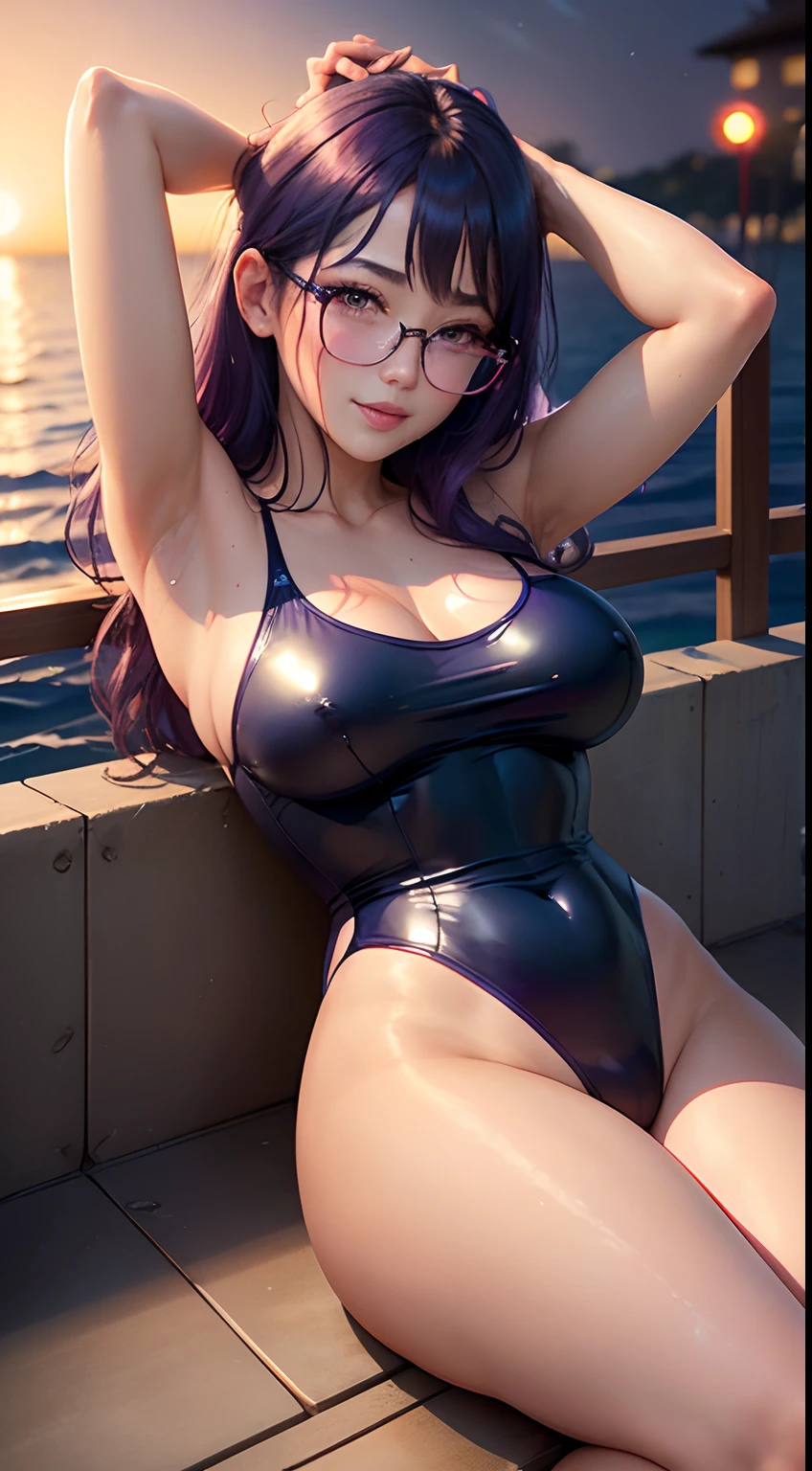 Wet and shiny wet navy blue competition swimsuit Chinese Idol Ai Shinozaki large Purple hair Glossy red lip Flushed cheeks A MILFssing close up of face Duck mouth eye glass Cosmetics Advertising Poster Chaiborg Choa Lustrousn with round face Glossy face and sweat-soaked skin Beautiful armpits Whip whip itting open legs ((Summer coast and night view)) Very hot and humid night A charming smile About 40 years old