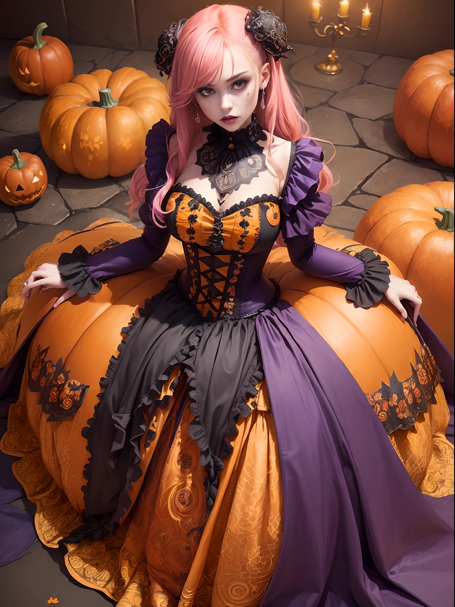 (masterpiece, top quality, best quality, official art, beautiful and aesthetic:1.8), (1girl:1.3), extremely detailed, (colorful:1.5), (20 years old), ((lots of halloween pumpkins around)), highest detailed,(zentangle:1.4), full body, (cloud halloween background), (shiny skin), (lots of halloween pumpkins), (super detailed anatomi), (super detailed face), (Halloween theme), (pumpkin skin skirt), (pumpkin skin), (pumpkin skin clothes), (into the big pumpkin), (scary joker beauty makeover), (((most unique costume))), (dark lighting),