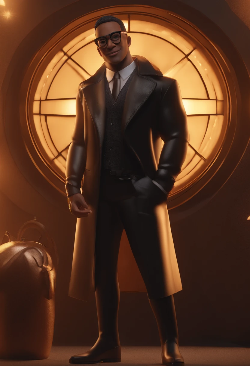 Personagem de desenho animado de um homem negro, enfermeiro esteticista, wearing black coat glasses gives the Victorious brand an animated character, Caractere estilizado, animation style rendering, 3D estilizado, Arnold Maya render, 3 d render stylized, toon render keyshot, Personagem 3D, Personagem 3D, 3d rendering stylized, 3 d character render, personagem de desenho animado, Personagem de close up, Pose de personagem, (Estilo Pixar) (master part:1.2) (Bokeh) (best quality) (pele detalhada) (textura detalhada) (8k) (argila) (Cinematic lighting) (foco nítido，Senta e vaza a parte superior do corpo. Doing Cosmetic Procedure
