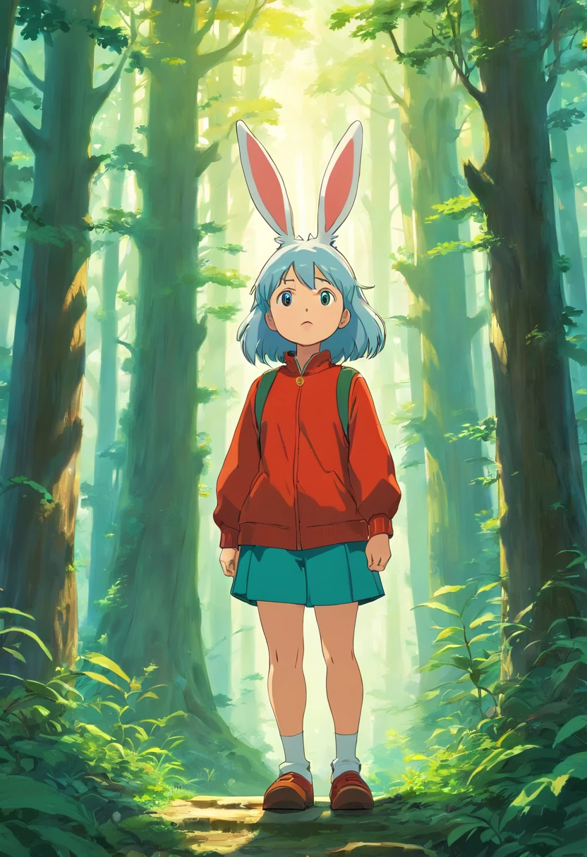 edgBunny, forest, standing up, curious expression, Studio Ghibli, oil painting, detailed features, forest, animate