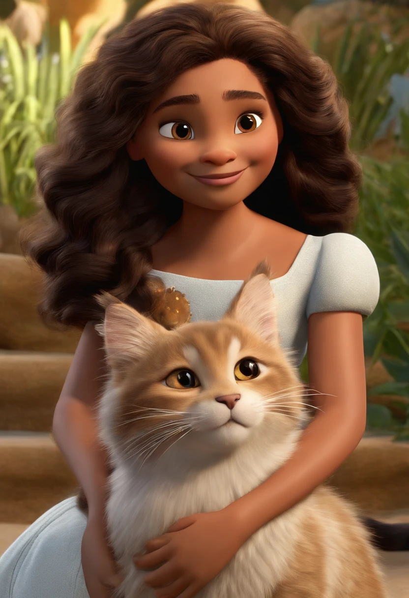 a Disney Pixar movie poster showing a brown-skinned family. The father is the tallest, cabelos pretos, cabelos raspado. The mother has brown eyes and hair, shoulder-length and is slightly overweight. A menina tem 4 anos, She is wearing a dress with daisy details and looks like her mother. She has a Yorkshire bitch and a white maine coon cat . The background is a beach garden. 3D-rendering