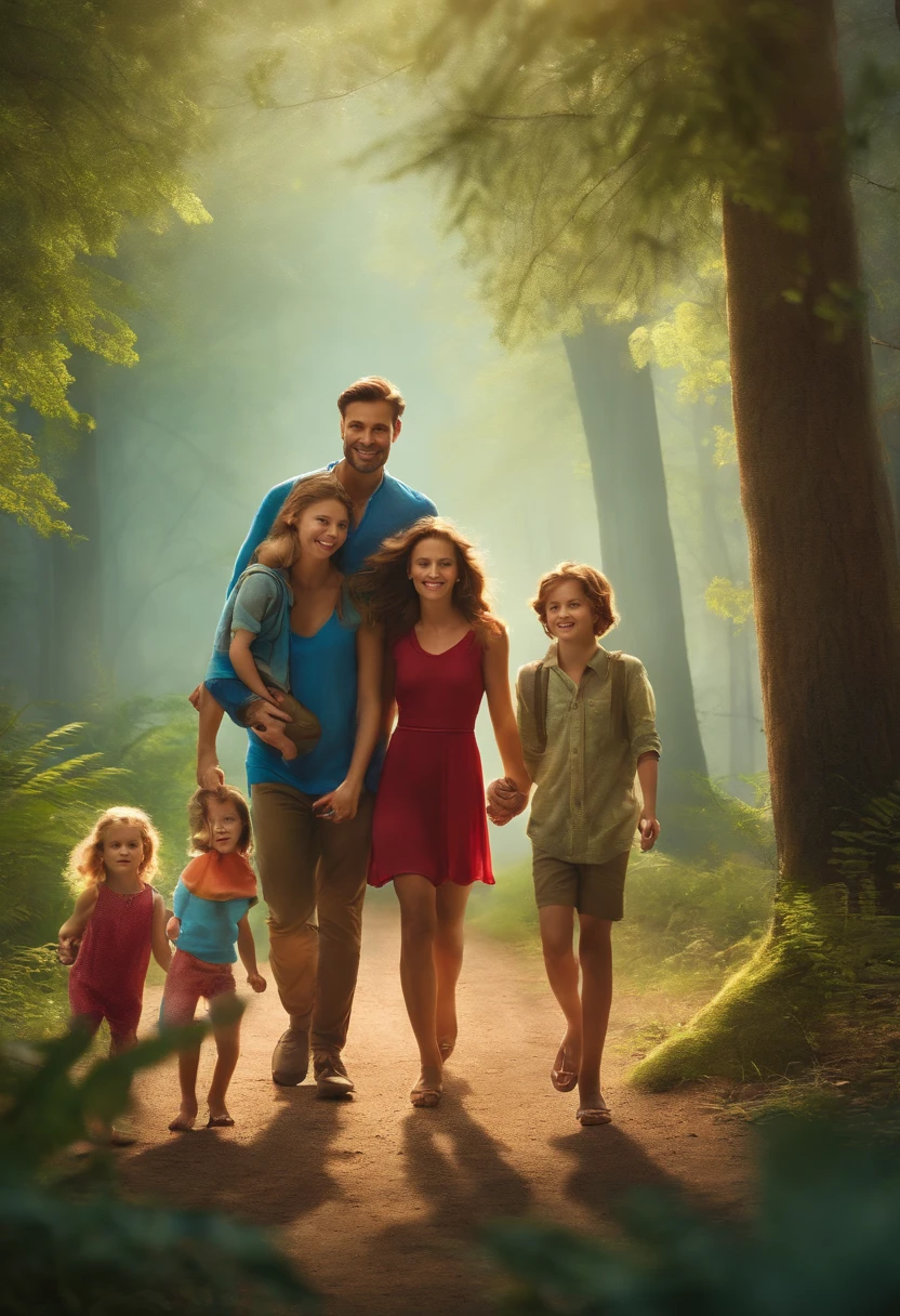 A family with a couple of adults and two children in a forest space walking together in high quality and richness of details