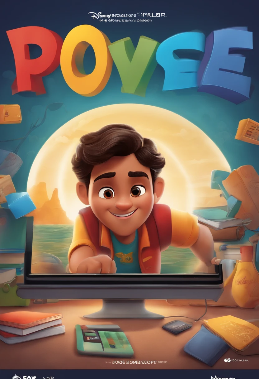 Create a Disney/PIXAR movie cover with the title 'jose gomes'. Create a classroom with computers. Have students use computers.