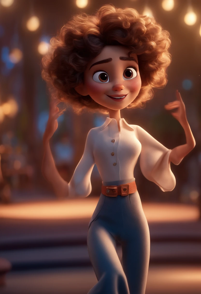 Pixar style image with 3D character white glasses brunette woman short curly hair dancing, Maquiagem Disney,Pescador, bonitinho, sorridente ,Close-up, Pixar, Disney, Cinema lighting,