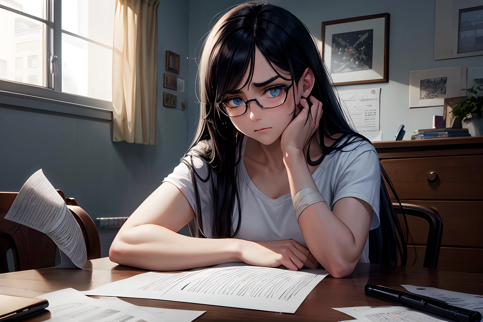 directional lighting, highres, masterpiece, 8k, (dark blue eyes) sad, depressed, despair, hopeless, (crying), (sitting on a bed holding a pen and writing on a single sheet of paper), bad handwriting, (bandaged arms), black hair, (messy hair), long greasy hair, disheveled, unwashed, thick eyebrows, worn dirty t shirt, (wearing glasses), (dark room)
