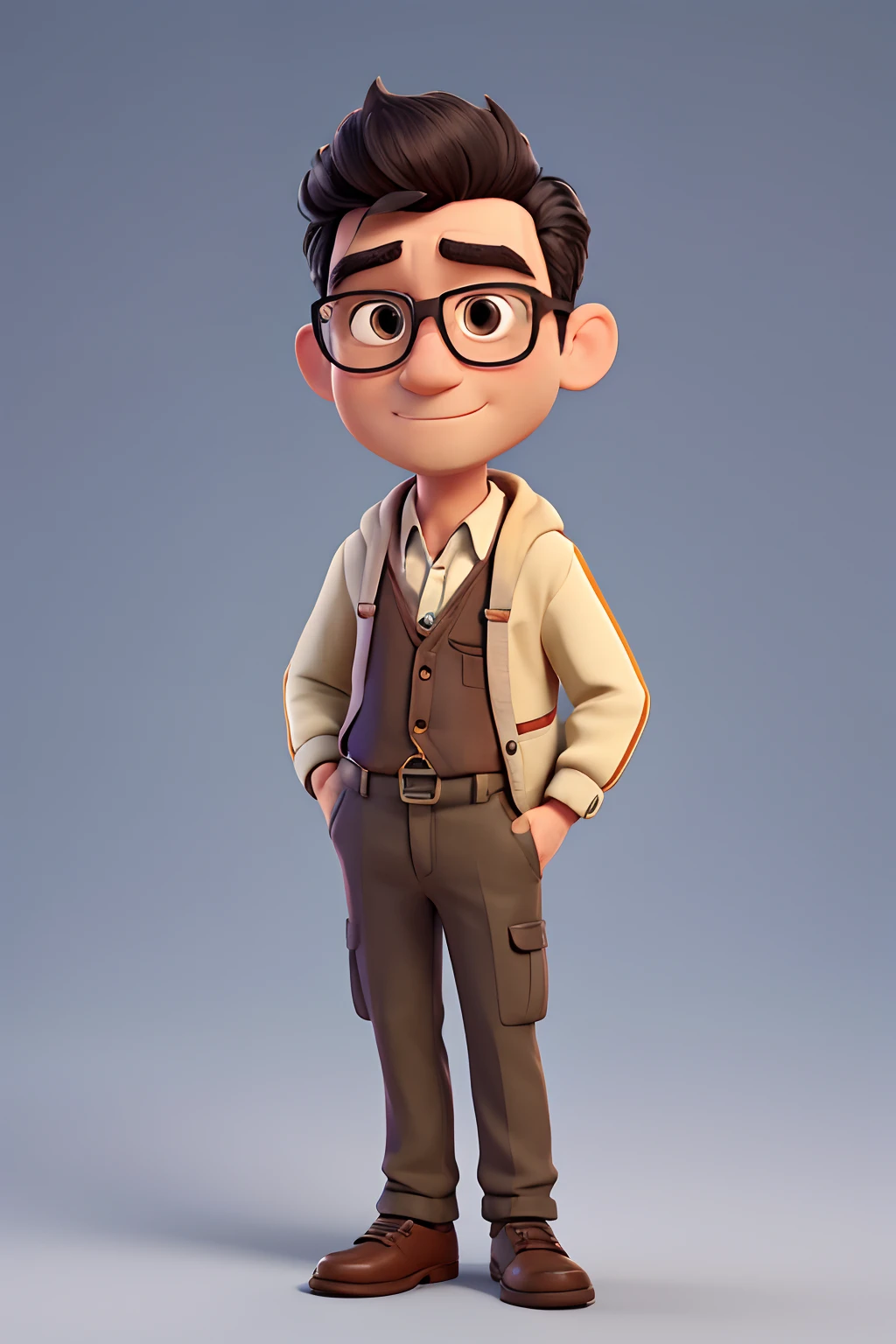 Create me a character men of about 40 years old: His name in Sam Forest and he is a friendly biology teacher, with glasses, a jacket, and suspenders, his pants reach his ankles, his socks are colored diamonds. Black hair of normal complexion, tall, who likes the environment, Pixar style. Show Full body. Let your arms look extended and your hands out of your pockets. He is in different body positions. High definition. Well defined face and his rounded eyes.