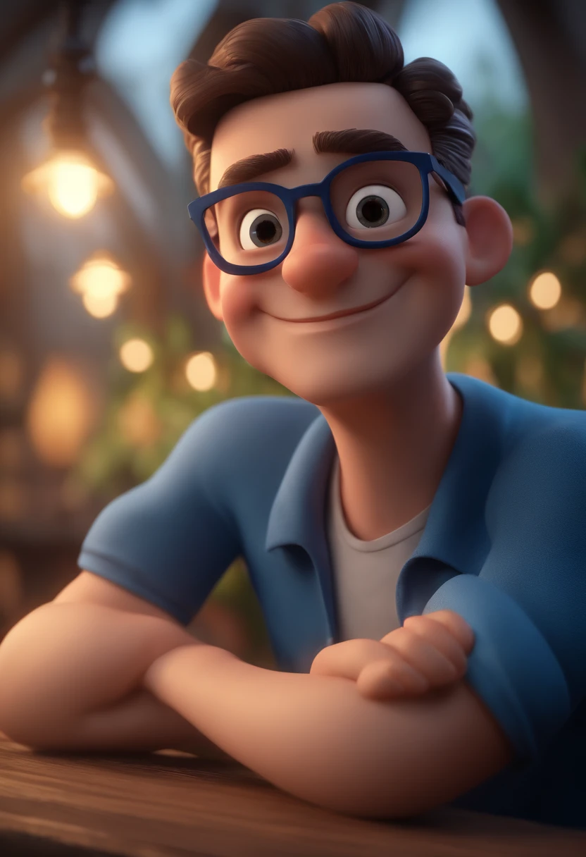 Cartoon character of a man with black glasses and a blue shirt, animation character, Caractere estilizado, animation style rendering, 3D estilizado, Arnold Maya render, 3 d render stylized, toon render keyshot, Personagem 3D, Personagem 3D, 3d rendering stylized, 3 d character render, personagem de desenho animado, Personagem de close up, Pose de personagem, (Estilo Pixar) (master part:1.2) (Bokeh) (best quality) (pele detalhada) (textura detalhada) (8k) (argila) (Cinematic lighting) (foco nítido