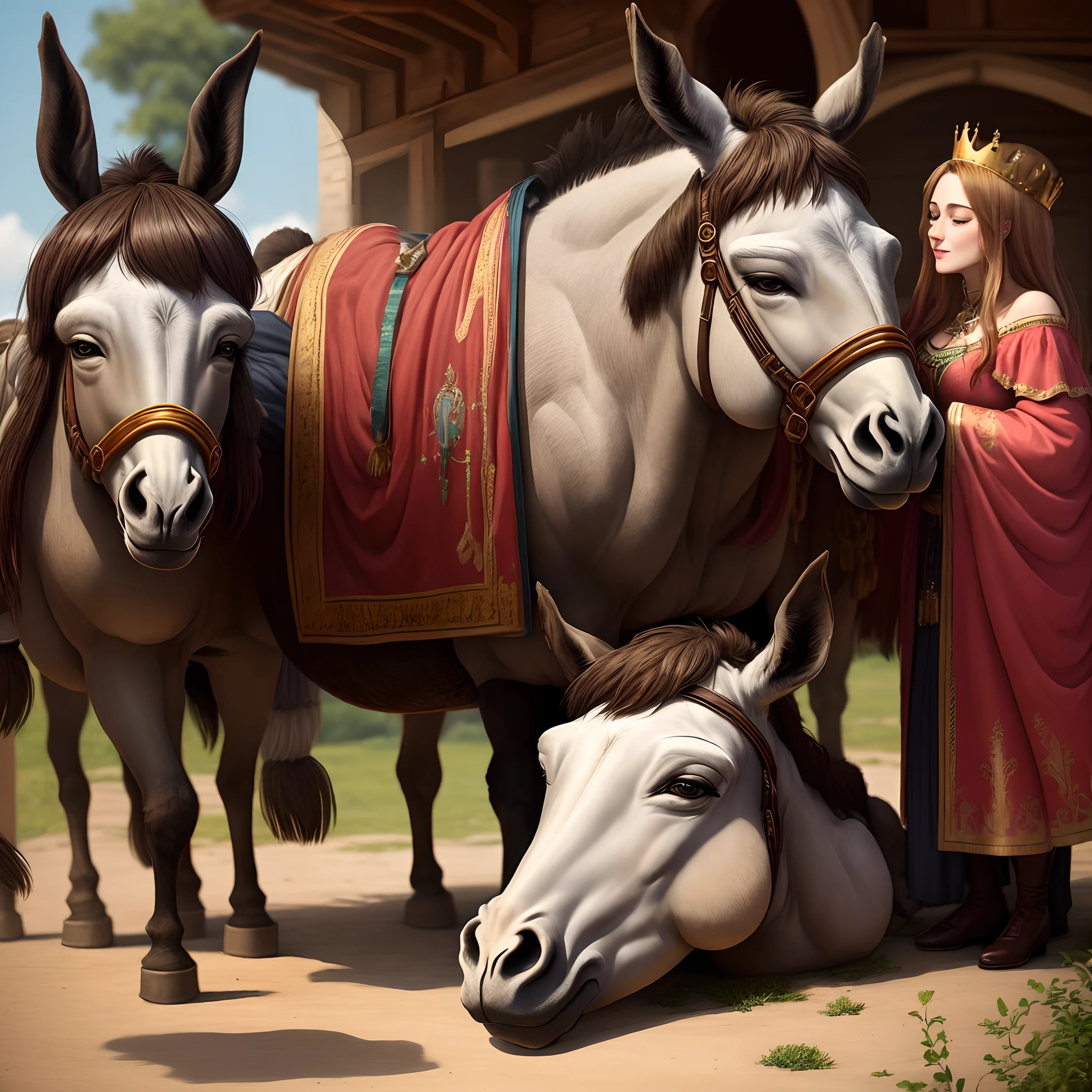 A donkey is resting at the side of a king and queen