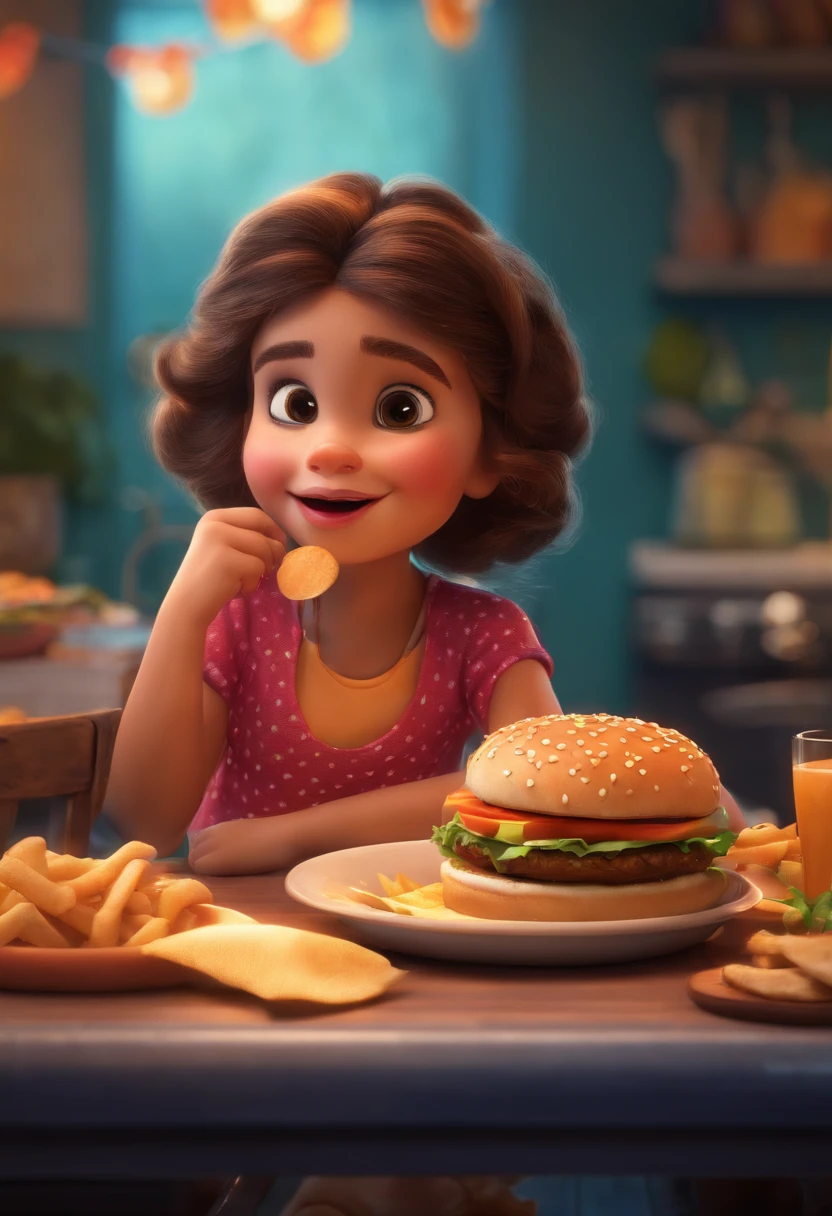 Make a Girl, She's hungry, como Disney Cartoon, She's eating hamburger, Pixar, ..3d, Disney