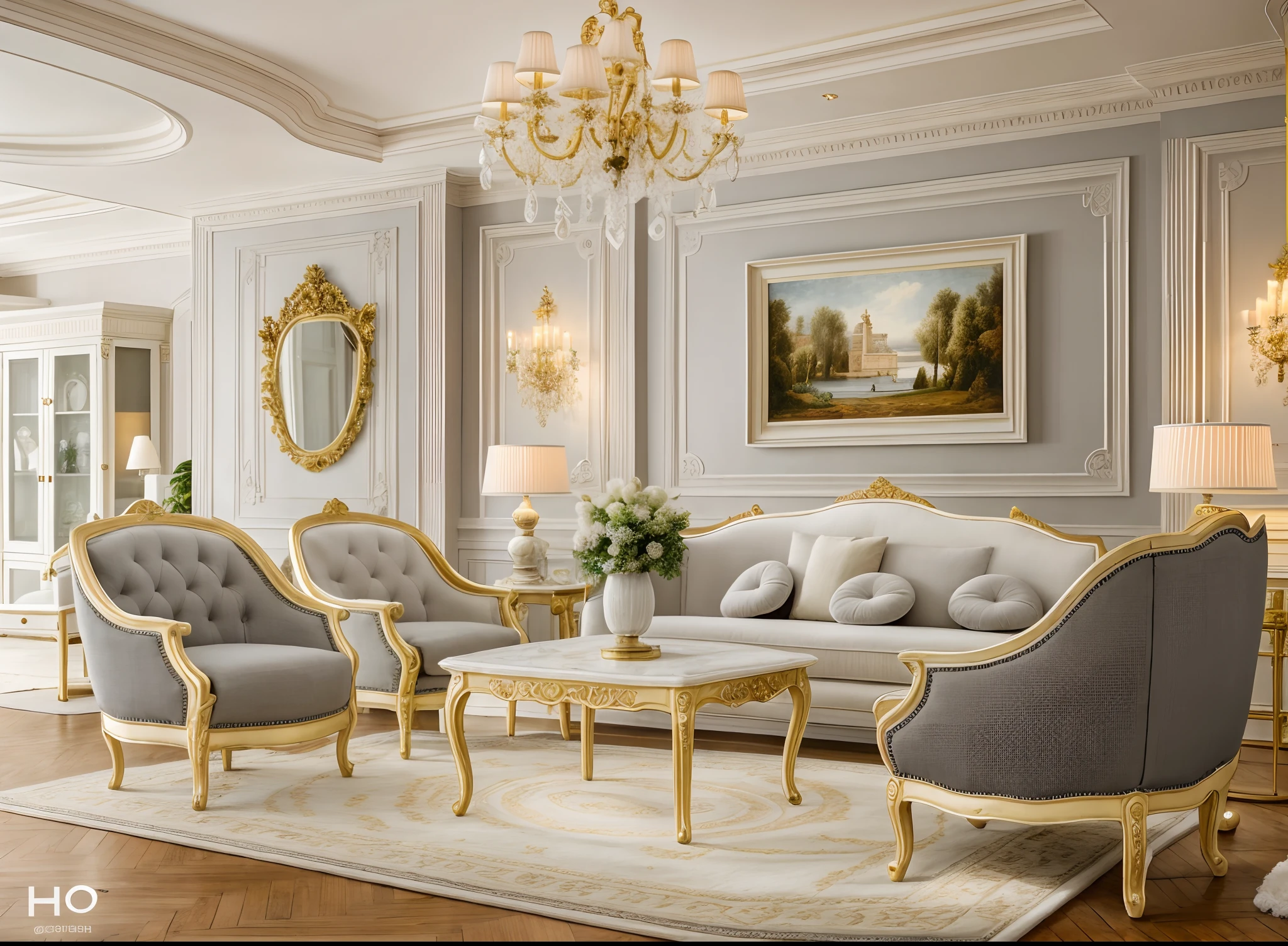 "Living room in neoclassical style, with a touch of luxury, ceiling lamps, table lamps, highlights, patterned carpet, ornamental plants, wall paintings, decorative tables, wall-mounted TV. mirro, gray fabric.",day, 8k uhd, dslr, soft light, high quality, soft light, film grain, Fujifilm XT3