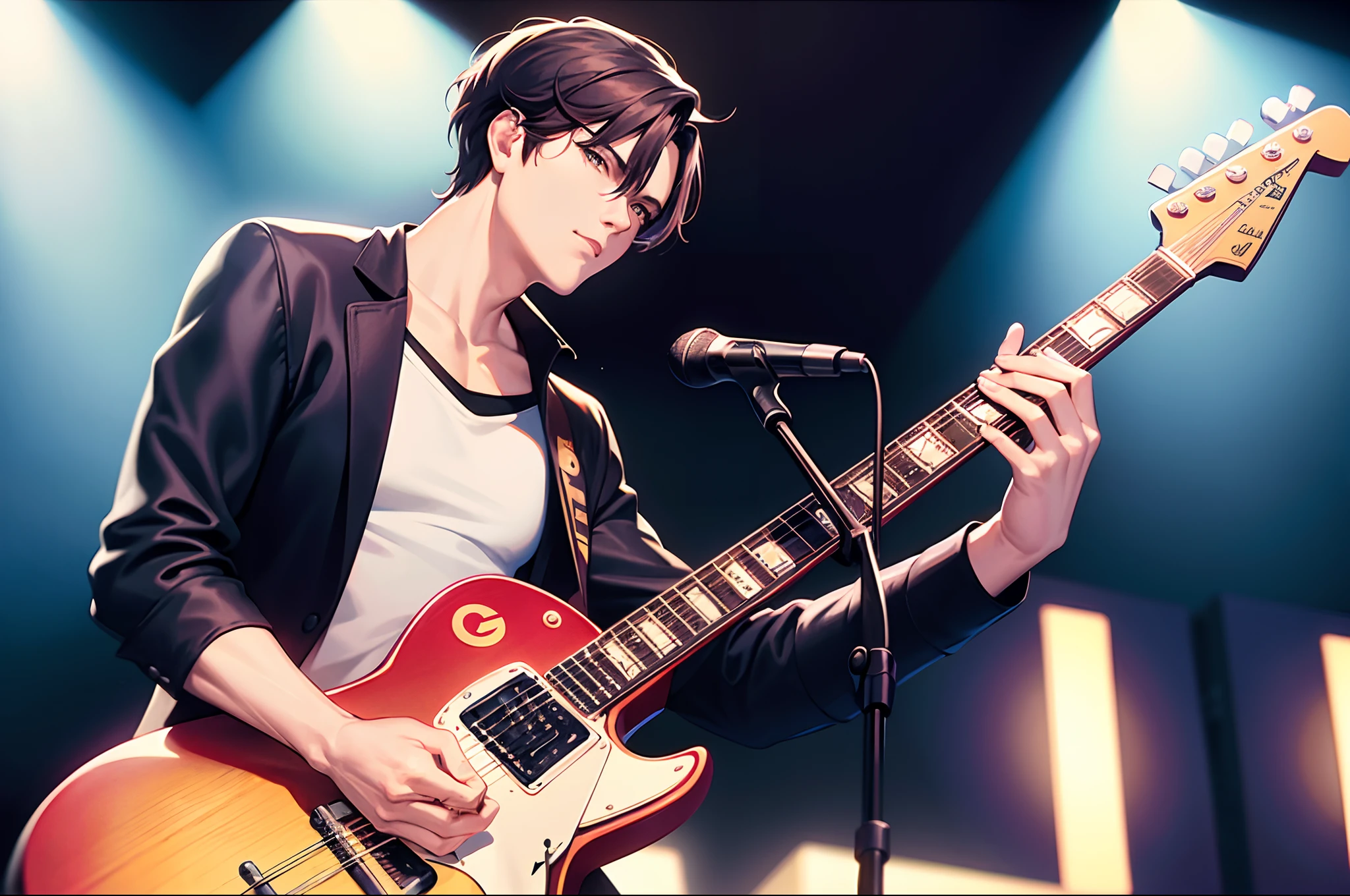 there is a man that is playing a guitar in a room, tocando guitarra no palco, Fotografia de concerto ao vivo, tocando uma guitarra Gibson Les Paul, imagem de perfil, Directed by: Joe Bowler, Directed by: Arnie Swekel, Tengri, rocking out, Alex Miranda, skies behind, por Dicky Doyle, badass composition, retro vibe, por Wayne England, Guitarra, robb cobb