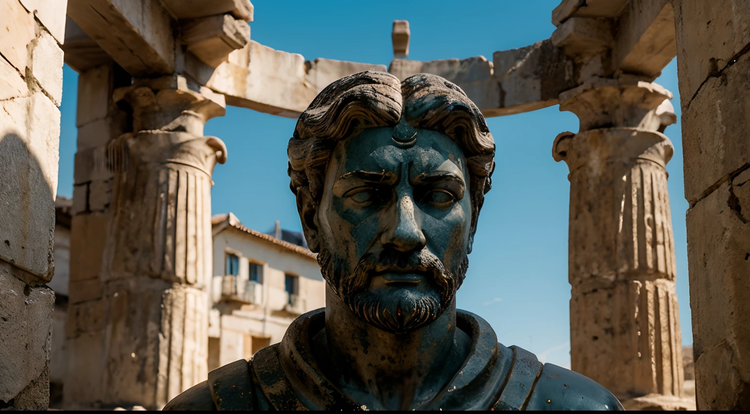 Ancient Stoic Statue With Very Angry Expression, tem barba, muitos detalhes em ambos os olhos, Outside, fundo atenas grego, open sky, com rosto extremamente detalhado full body view, Colors with low saturation with dark tone, Filmado em Sony A7S III com Sony FE 35mm f/1.8, 12.1 MP, --AR 3:2 --estilo cru
