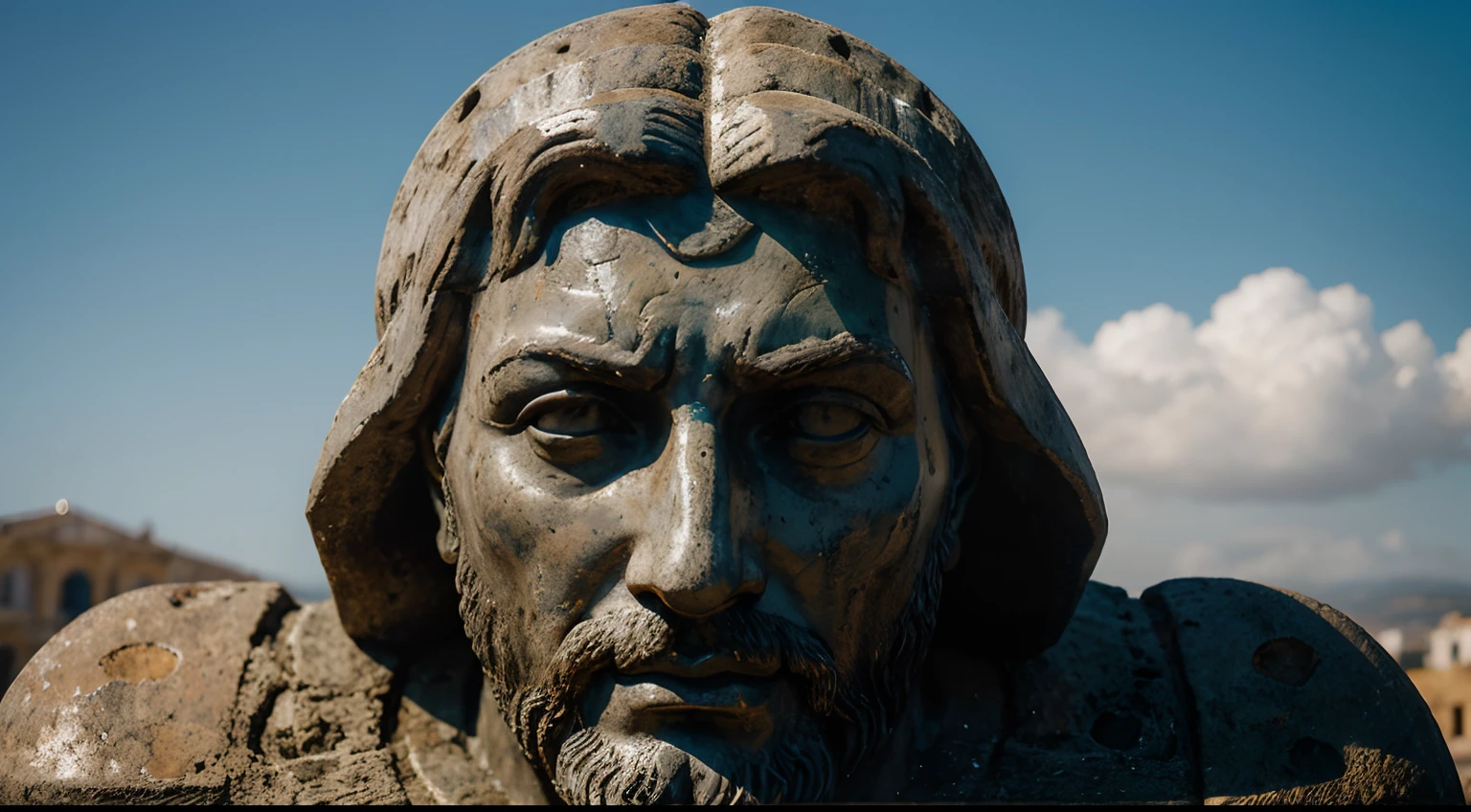 Ancient Stoic Statue With Very Angry Expression, tem barba, muitos detalhes em ambos os olhos, Outside, fundo atenas grego, open sky, com rosto extremamente detalhado full body view, Colors with low saturation with dark tone, Filmado em Sony A7S III com Sony FE 35mm f/1.8, 12.1 MP, --AR 3:2 --estilo cru