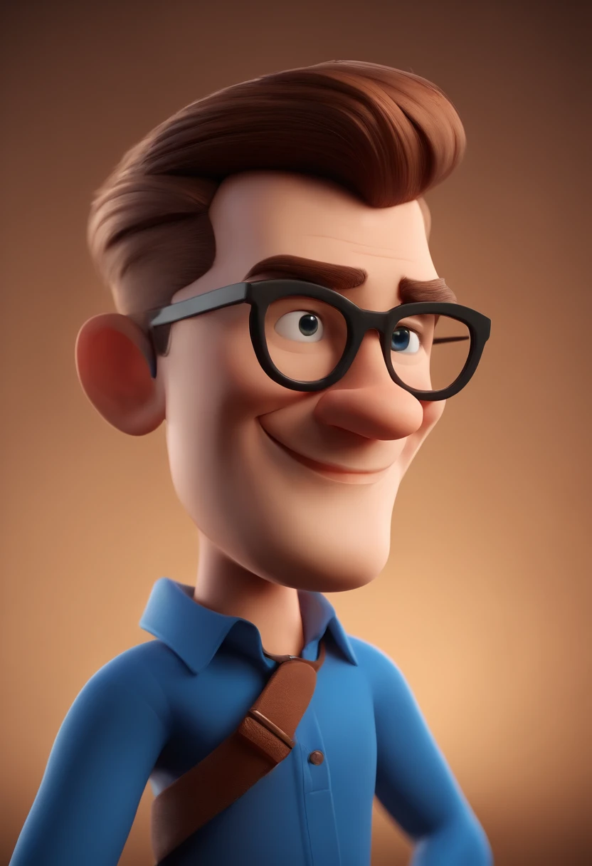 Cartoon character of a man wearing black glasses and a blue shirt, um personagem animado, Caractere estilizado, animation style rendering, 3D estilizado, Arnold Maya render, 3 d render stylized, toon render keyshot, Personagem 3D, Personagem 3D, 3d rendering stylized, 3 d character render, personagem de desenho animado, Personagem de close up, Pose de personagem, (Estilo Pixar) (master part:1.2) (Bokeh) (best quality) (pele detalhada) (textura detalhada) (8k) (argila) (Cinematic lighting) (foco nítido,Senta e vaza a parte superior do corpo