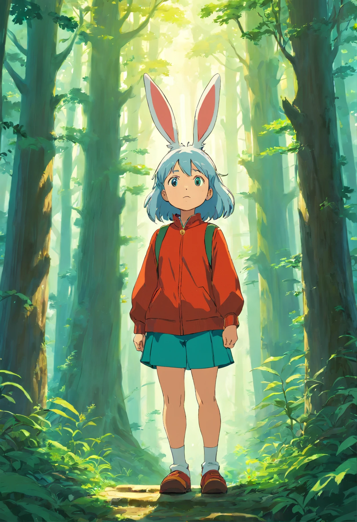 edgBunny, forest, standing up, curious expression, Studio Ghibli, oil painting, detailed features, forest, animate
