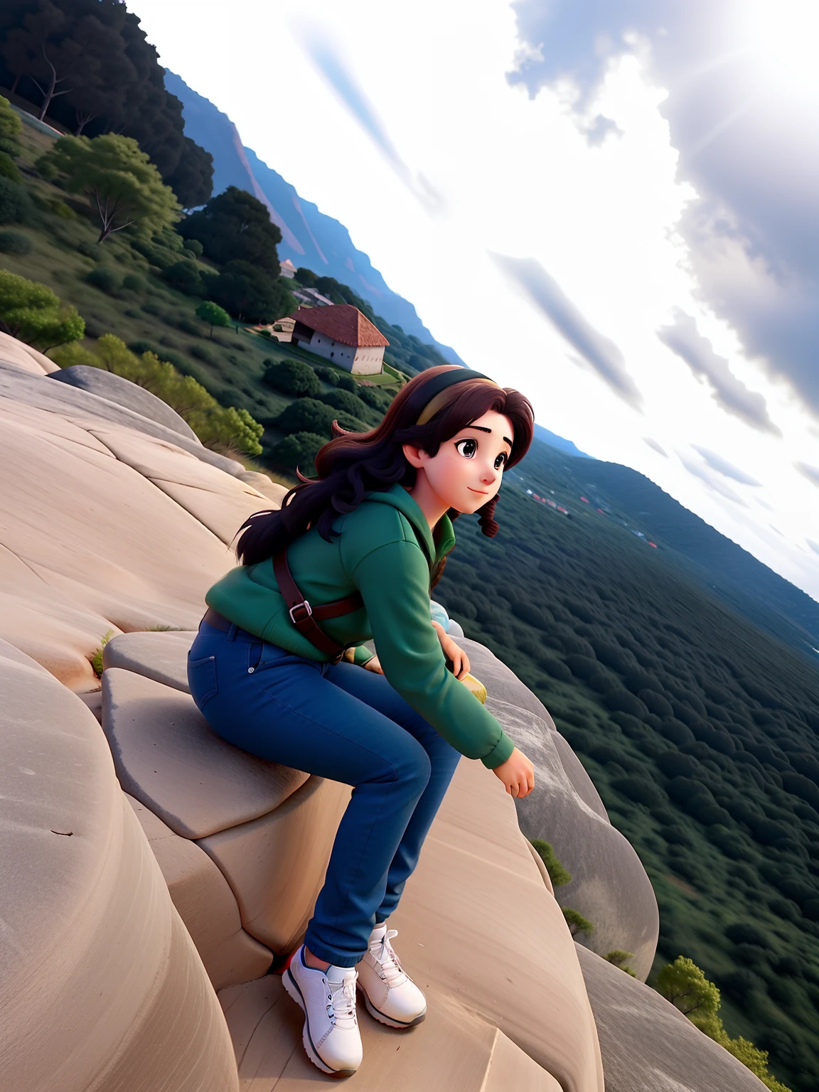 Mulher de 20 anos  sentada na pedra na montanha