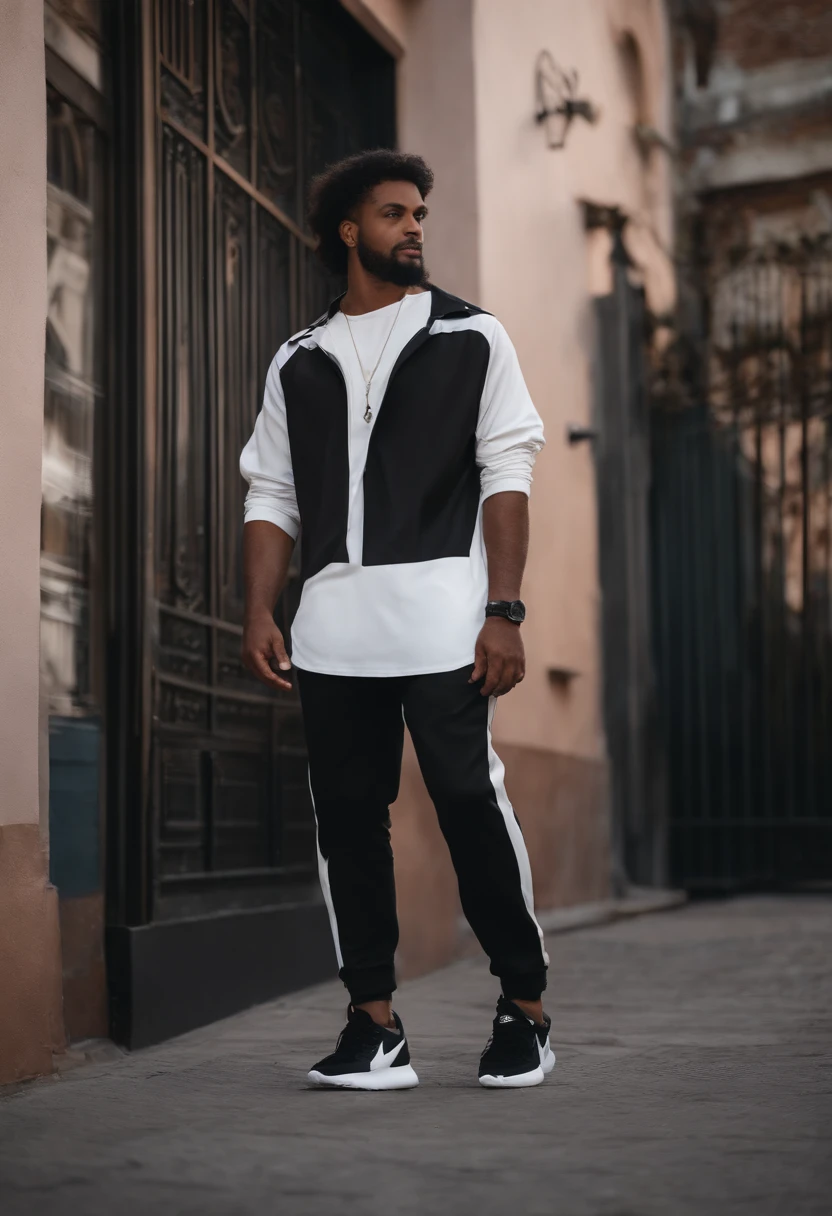 Menino de cabelo preto, blusa roxa, olhos castanhos, black pants and black and white Nike sneakers standing