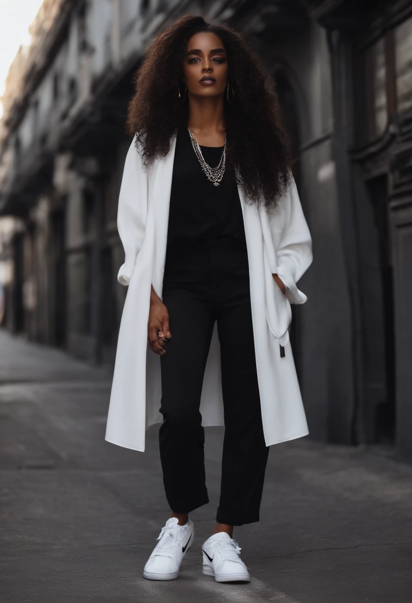 Menino de cabelo preto, blusa roxa, olhos castanhos, black pants and black and white Nike sneakers standing