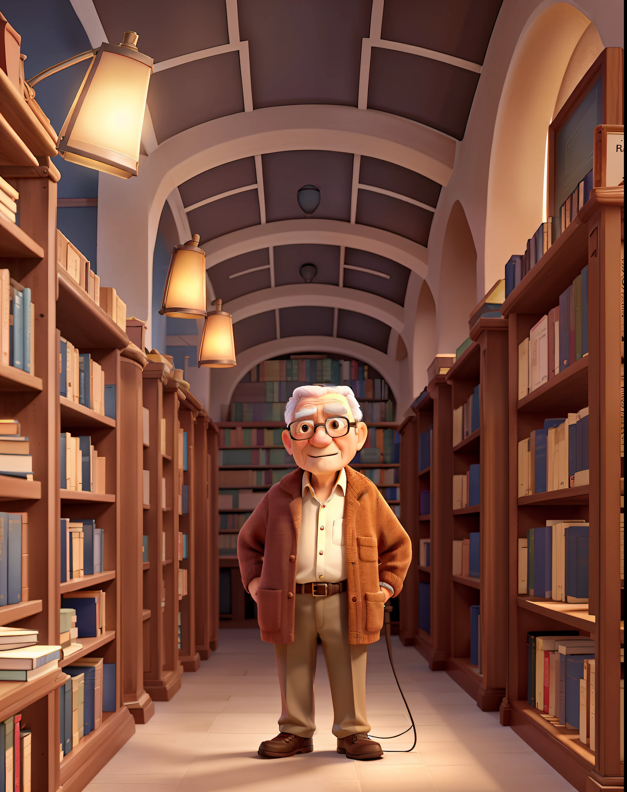 A wise old man standing in front, illuminated by the light of a lamp, against the backdrop of a library