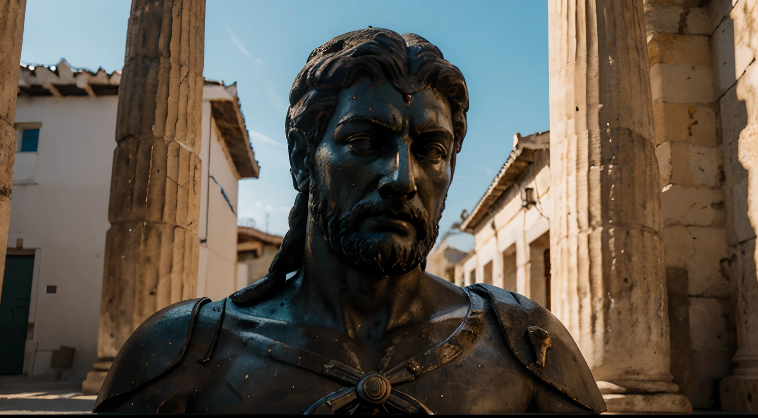 Ancient Stoic Statue With Very Angry Expression, tem barba, muitos detalhes em ambos os olhos, Outside, fundo atenas grego, open sky, com rosto extremamente detalhado full body view, Colors with low saturation with dark tone, Filmado em Sony A7S III com Sony FE 35mm f/1.8, 12.1 MP, --AR 3:2 --estilo cru
