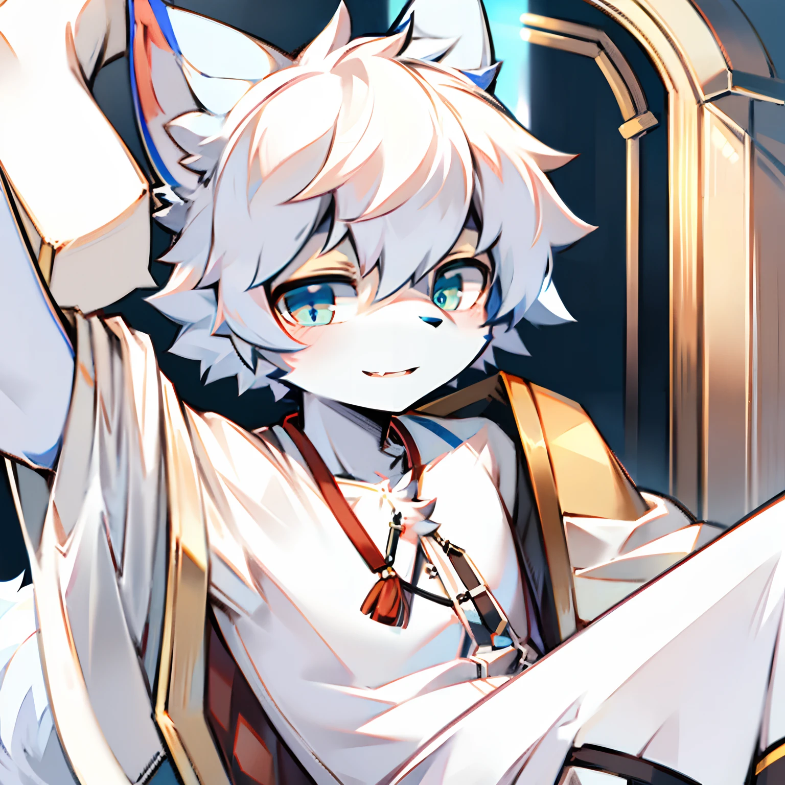 (Best image quality),(masterpiece),(((the only person))),(super detailed),(Male Arctic fox:1.5), (White skin:1.3), hairy,(white fur:1.3),((golden pupils)) ,(White ears),(hairy 动物 耳朵s),((Wearing Chinese white robe),natural lighting,complex background,Detailed face,details on face,Character focus,Detailed clothes,whole body,depth of field,lighting perfect,sharp focus,light particles,Smile,alone