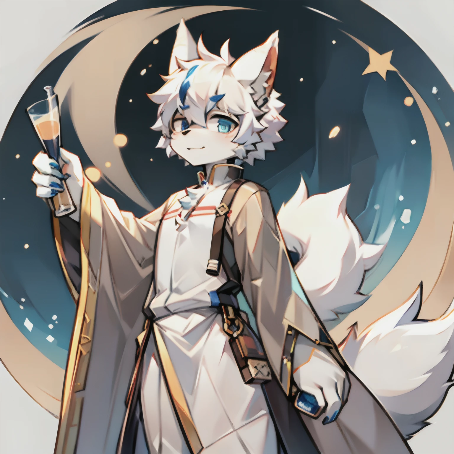 eyes with brightness, Character focus，Full body like，独奏,solo person，Correct human anatomy。male people，Furry male wolf，eyes blue，White-colored skin， White hair，White animal ears，White color blouse，年轻， There is a wolf tail，Abs，k hd，8K，1440*2048