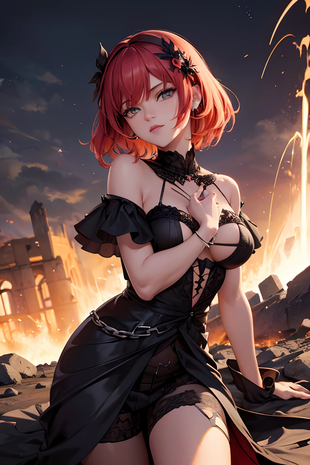 Rihanna ultra-détaillée se tient au sommet d’un tas de ruines en feu, Sa présence diabolique et insidieuse irradiant de sa couronne sombre et de sa robe de reine maléfique noire et rouge. Ses ailes de démon sur son dos et sa corne de démon lui donnent une aura invincible alors qu’elle déclenche une puissante vague de destruction d’un seul geste.