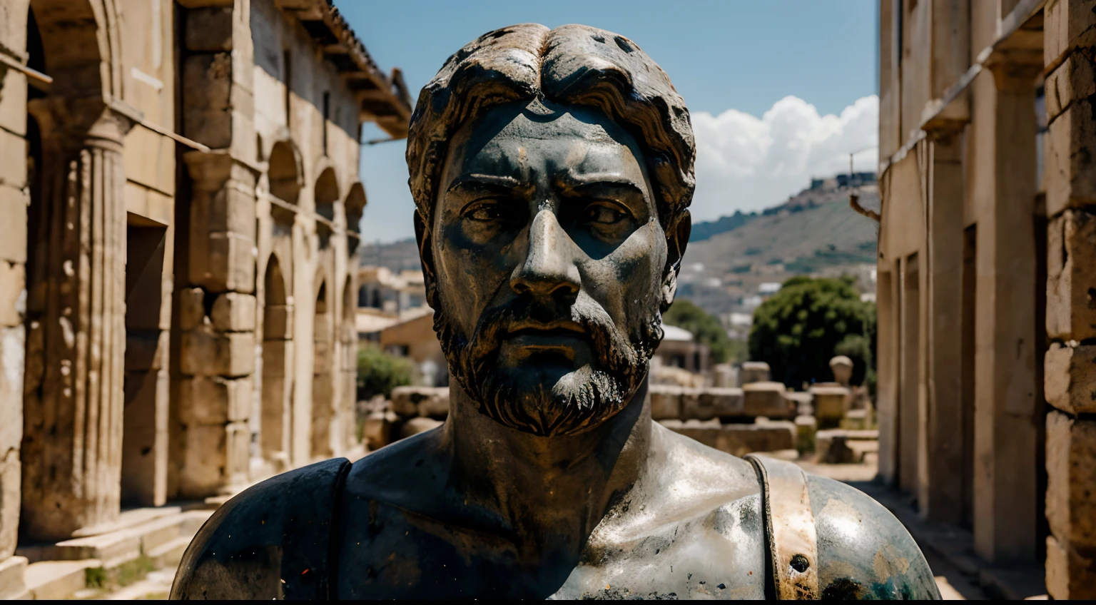 Ancient Stoic Statue With Very Angry Expression, tem barba, muitos detalhes em ambos os olhos, Outside, fundo atenas grego, open sky, com rosto extremamente detalhado full body view, Colors with low saturation with dark tone, Filmado em Sony A7S III com Sony FE 35mm f/1.8, 12.1 MP, --AR 3:2 --estilo cru