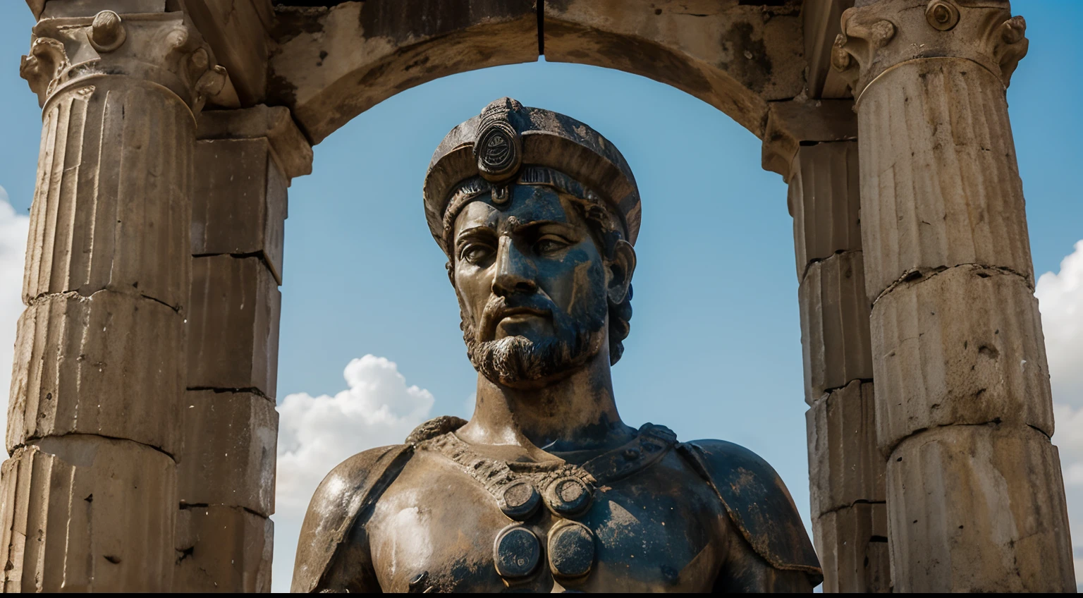 Ancient Stoic Statue With Very Angry Expression, tem barba, muitos detalhes em ambos os olhos, Outside, fundo atenas grego, open sky, com rosto extremamente detalhado full body view, Colors with low saturation with dark tone, Filmado em Sony A7S III com Sony FE 35mm f/1.8, 12.1 MP, --AR 3:2 --estilo cru