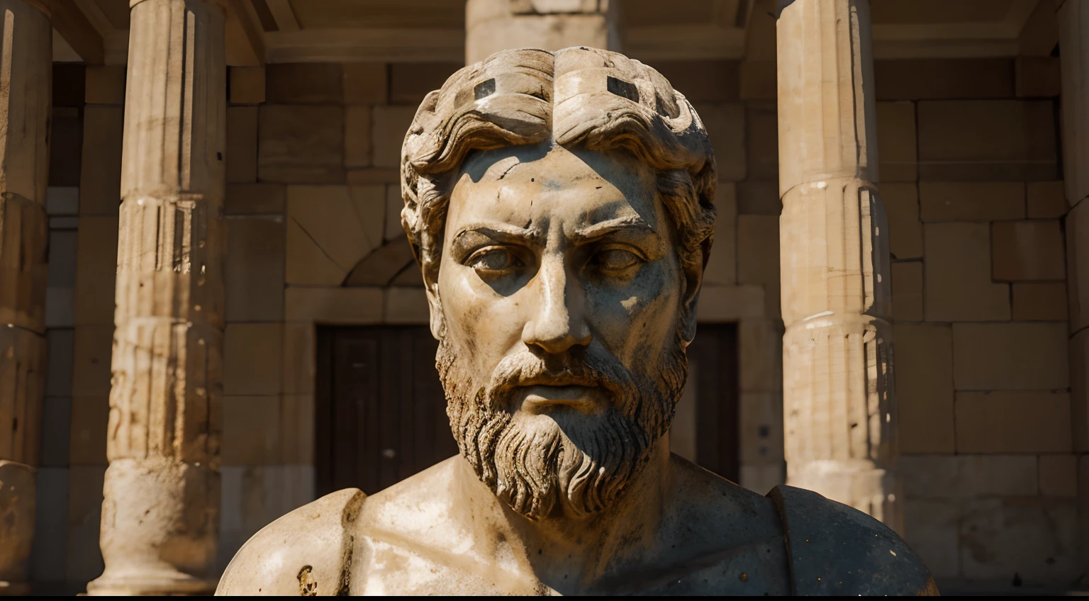 Ancient Stoic Statue With Very Angry Expression, tem barba, muitos detalhes em ambos os olhos, Outside, fundo atenas grego, open sky, com rosto extremamente detalhado full body view, Colors with low saturation with dark tone, Filmado em Sony A7S III com Sony FE 35mm f/1.8, 12.1 MP, --AR 3:2 --estilo cru