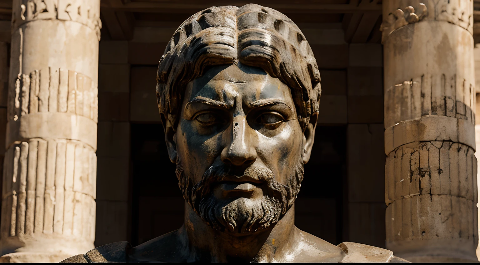 Ancient Stoic Statue With Very Angry Expression, tem barba, muitos detalhes em ambos os olhos, Outside, fundo atenas grego, open sky, com rosto extremamente detalhado full body view, Colors with low saturation with dark tone, Filmado em Sony A7S III com Sony FE 35mm f/1.8, 12.1 MP, --AR 3:2 --estilo cru