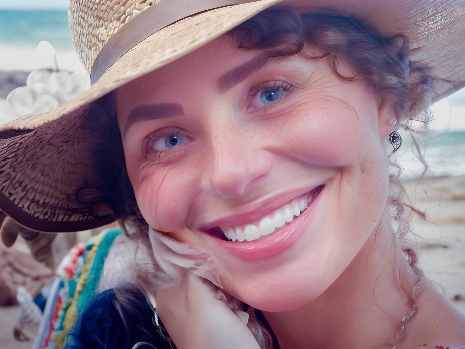 Smiling woman wearing a straw hat on the beach, Sandra Chevier, foto altamente detalhada de feliz, tomada em 1 9 9 7, tiradas em meados dos anos 2000, Mulher de 30 anos de Cuba, grande sorriso em seu rosto, Foto dos anos 2000, foto granulada de uma mulher feia, foto granulada