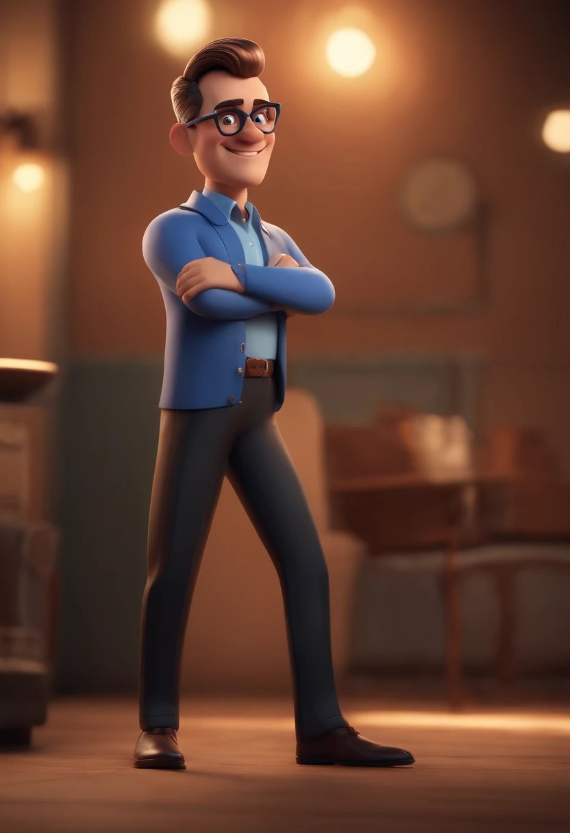 Cartoon character of a man wearing black glasses and a blue shirt, um personagem animado, Caractere estilizado, animation style rendering, 3D estilizado, Arnold Maya render, 3 d render stylized, toon render keyshot, Personagem 3D, Personagem 3D, 3d rendering stylized, 3 d character render, personagem de desenho animado, Personagem de close up, Pose de personagem, (Estilo Pixar) (master part:1.2) (Bokeh) (best quality) (pele detalhada) (textura detalhada) (8k) (argila) (Cinematic lighting) (foco nítido