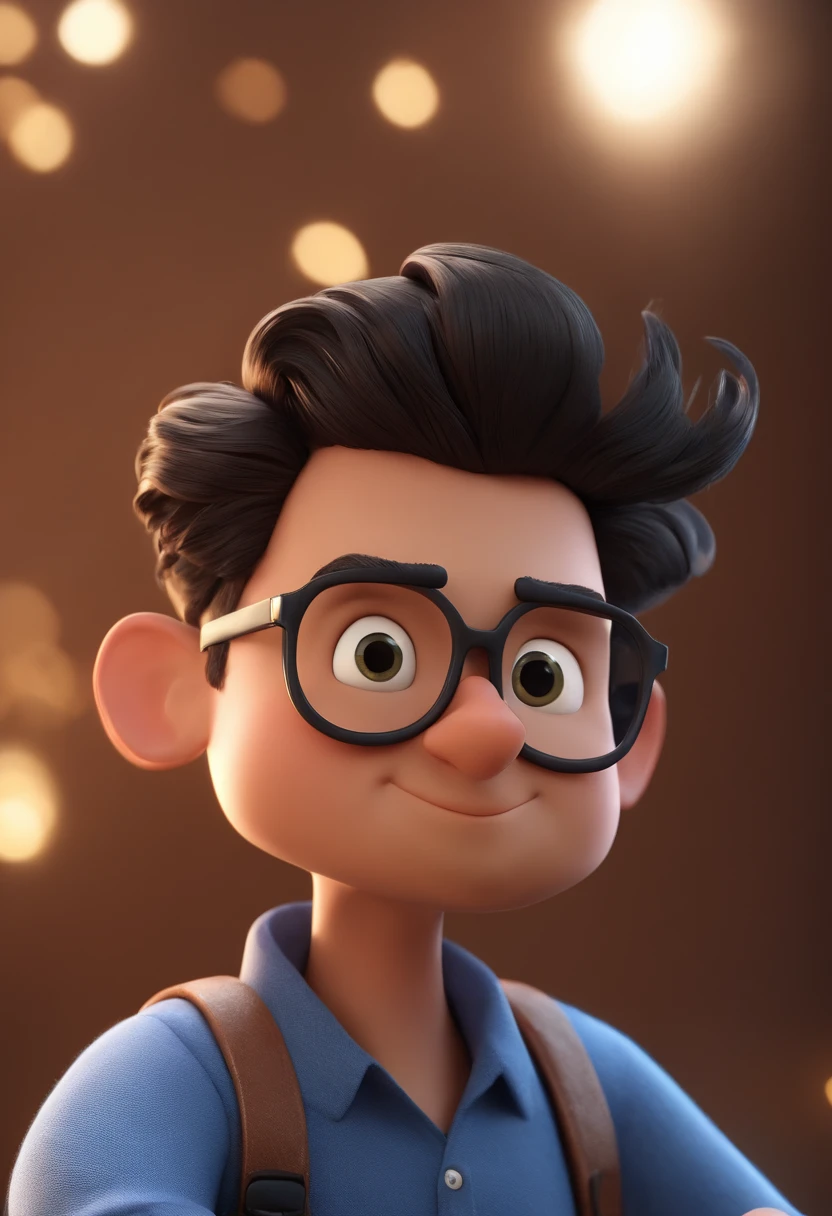 Cartoon character of a man wearing black glasses and a blue shirt, um personagem animado, Caractere estilizado, animation style rendering, 3D estilizado, Arnold Maya render, 3 d render stylized, toon render keyshot, Personagem 3D, Personagem 3D, 3d rendering stylized, 3 d character render, personagem de desenho animado, Personagem de close up, Pose de personagem, (Estilo Pixar) (master part:1.2) (Bokeh) (best quality) (pele detalhada) (textura detalhada) (8k) (argila) (Cinematic lighting) (foco nítido