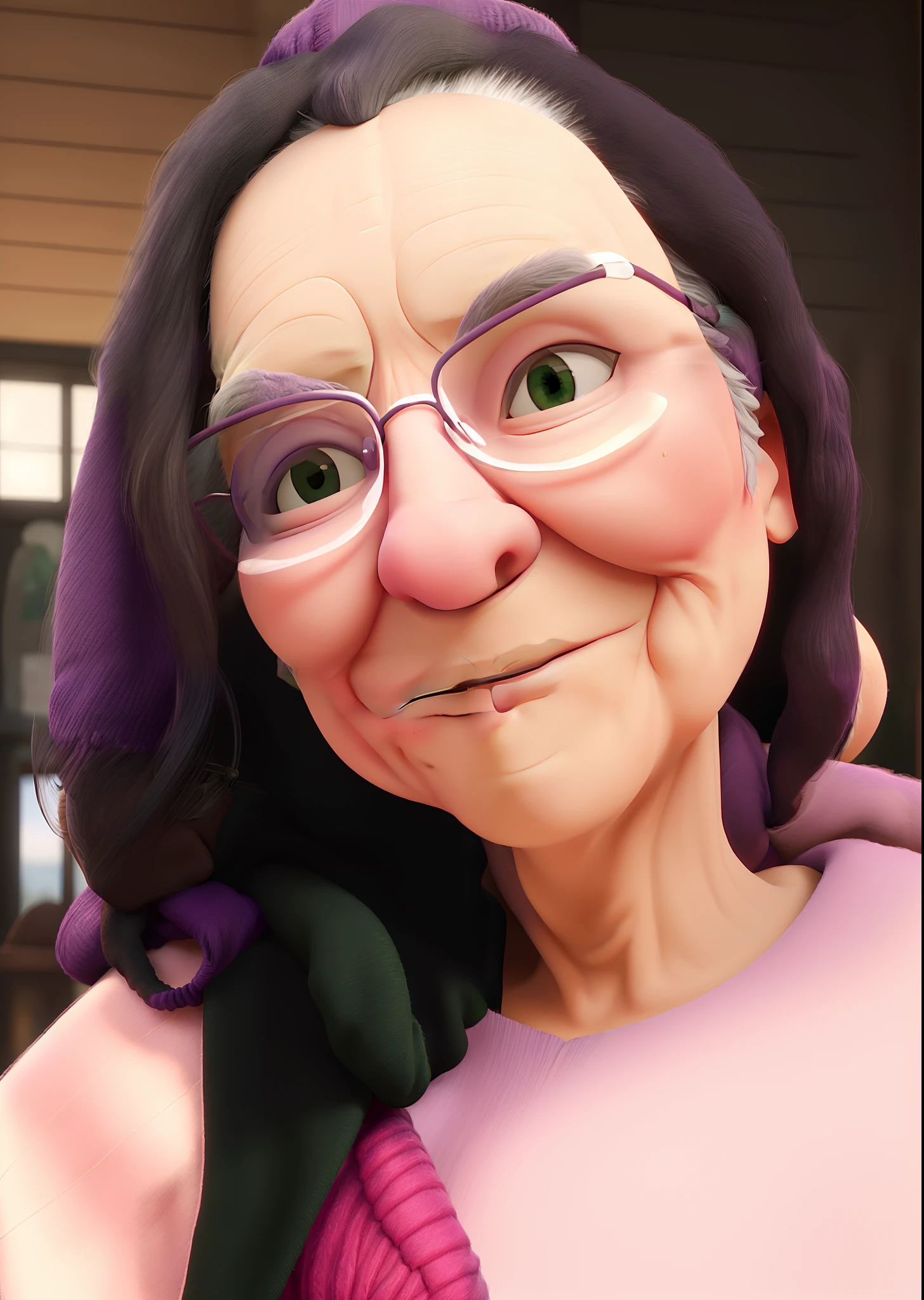 masterpiece, best quality, an old woman with glasses and a scarf on, wearing a purple coat and green scarf, standing at the park