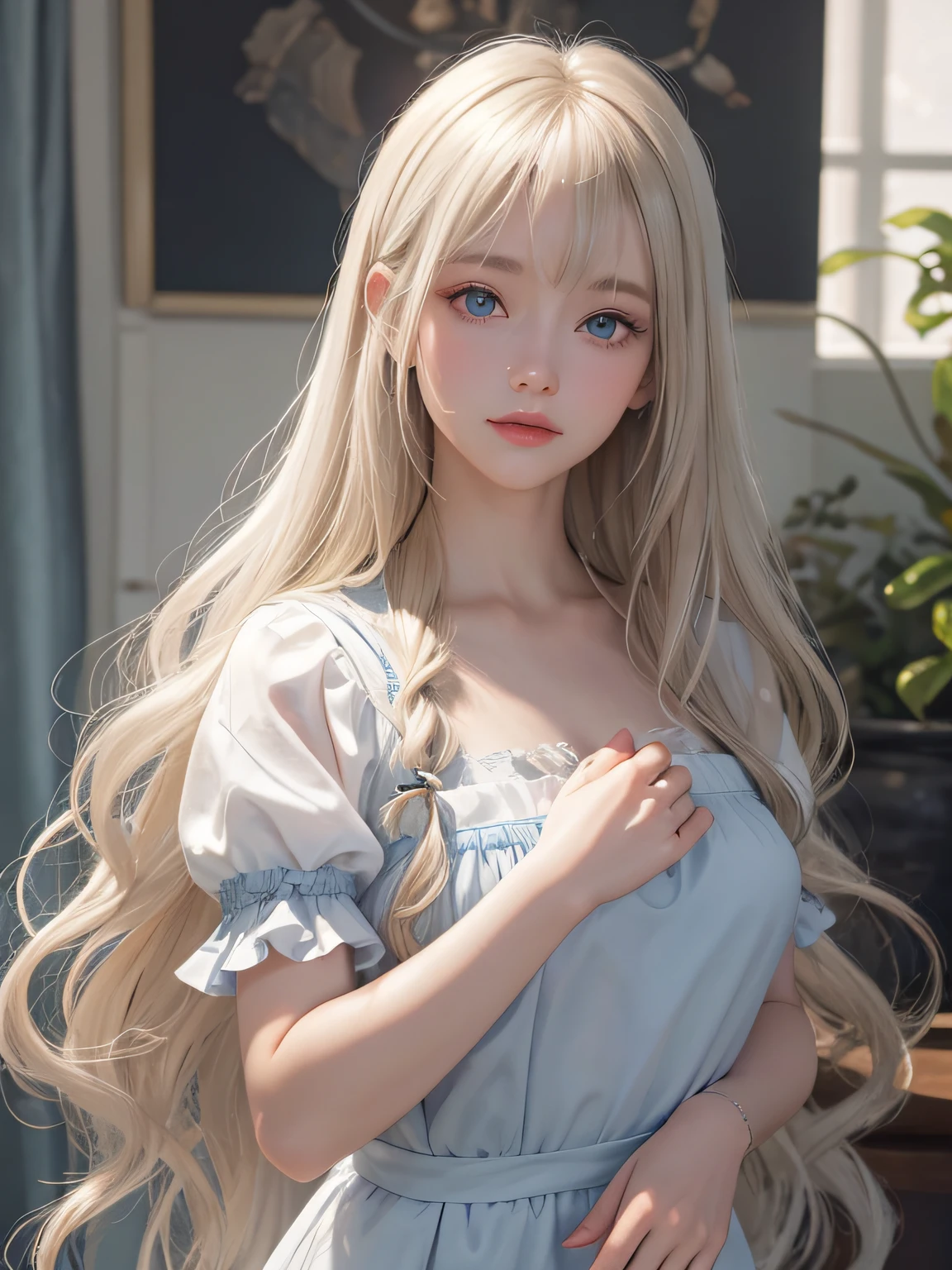 bright expression、photorealisim、top-quality、超A high resolution、a picture、Photo of an exquisitely beautiful Nordic-born girl、Extraordinary beautiful girl、Detailed cute and beautiful face、(pureerosface_v1:0.008)、Beautiful bangs、alice in the wonderland、18year old、Glowing white shiny skin、facial hairs、Bangs that extend to the face、Bangs between the eyes、Super long hair、Attractive light and dark platinum blonde super long straight silky hair、finer hair、Attractive glowing beautiful bright clear light blue big eyes、White Apron、Yellow dress、eye liner、Double eyelids、Lush bust