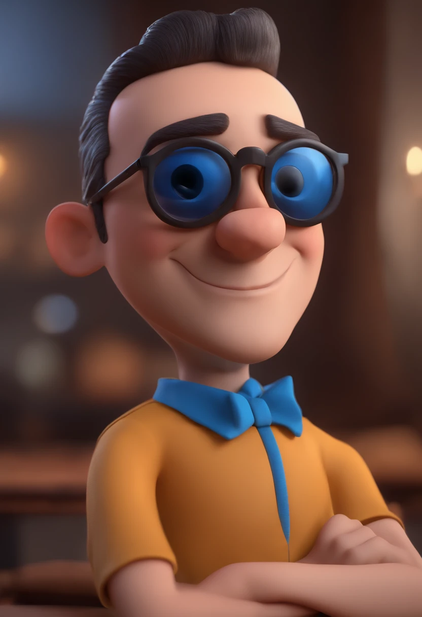Cartoon character of a man with black glasses and a blue shirt, animation character, Caractere estilizado, animation style rendering, 3D estilizado, Arnold Maya render, 3 d render stylized, toon render keyshot, Personagem 3D, Personagem 3D, 3d rendering stylized, 3 d character render, personagem de desenho animado, Personagem de close up, Pose de personagem, (Estilo Pixar) (master part:1.2) (Bokeh) (best quality) (pele detalhada) (textura detalhada) (8k) (argila) (Cinematic lighting) (foco nítido