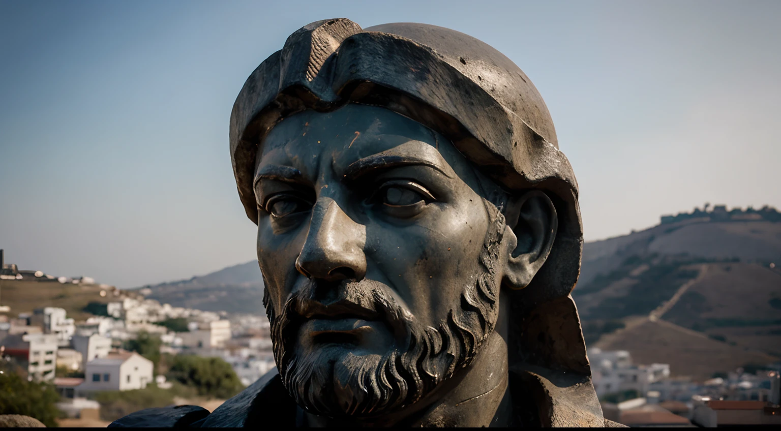 Ancient Stoic Statue With Very Angry Expression, tem barba, muitos detalhes em ambos os olhos, Outside, fundo atenas grego, open sky, com rosto extremamente detalhado full body view, Colors with low saturation with dark tone, Filmado em Sony A7S III com Sony FE 35mm f/1.8, 12.1 MP, --AR 3:2 --estilo cru