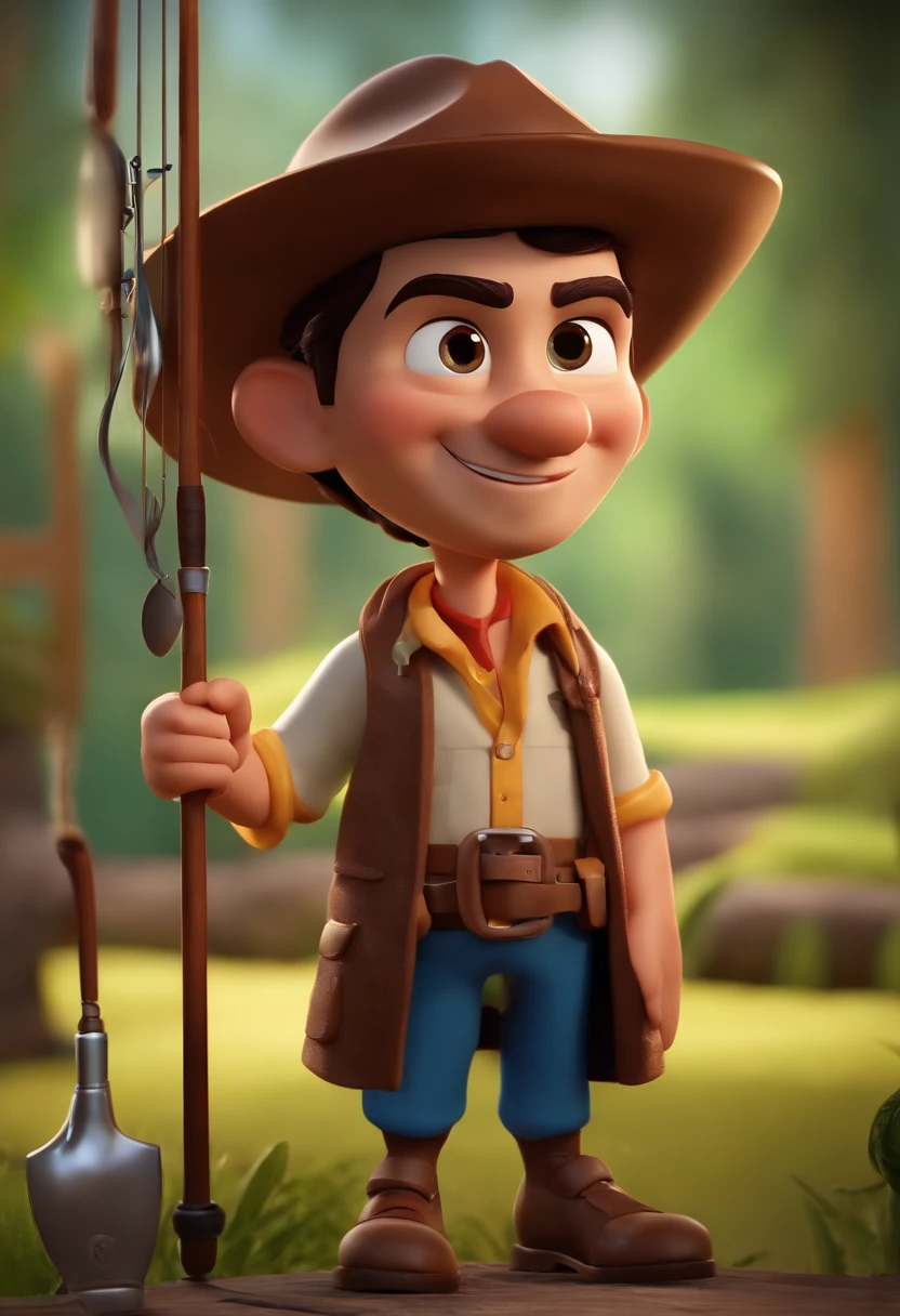 Personaje de dibujos animados de un hombre, tes morena, bayba y bigote cortito, cabello corto oscuro y una camisa azul, animation character, stylized character, Rendering animation styles, with a fishing rod, D estilizado, Arnold Maya render, 3D render estilizado, Toon renderizar keyshot, Personaje 3D, Personaje 3D, Renderizado 3D estilizado, Renderizado de 3 caracteres D, Personaje de dibujos animados, Personaje de primer plano, Pose del personaje, (estilo pixar) (Pieza maestra:1.2) (Bokeh) (La mejor calidad) (Piel detallada) (Textura detallada) (8k) (arcilla) (cinematic lighting) (foco nítido