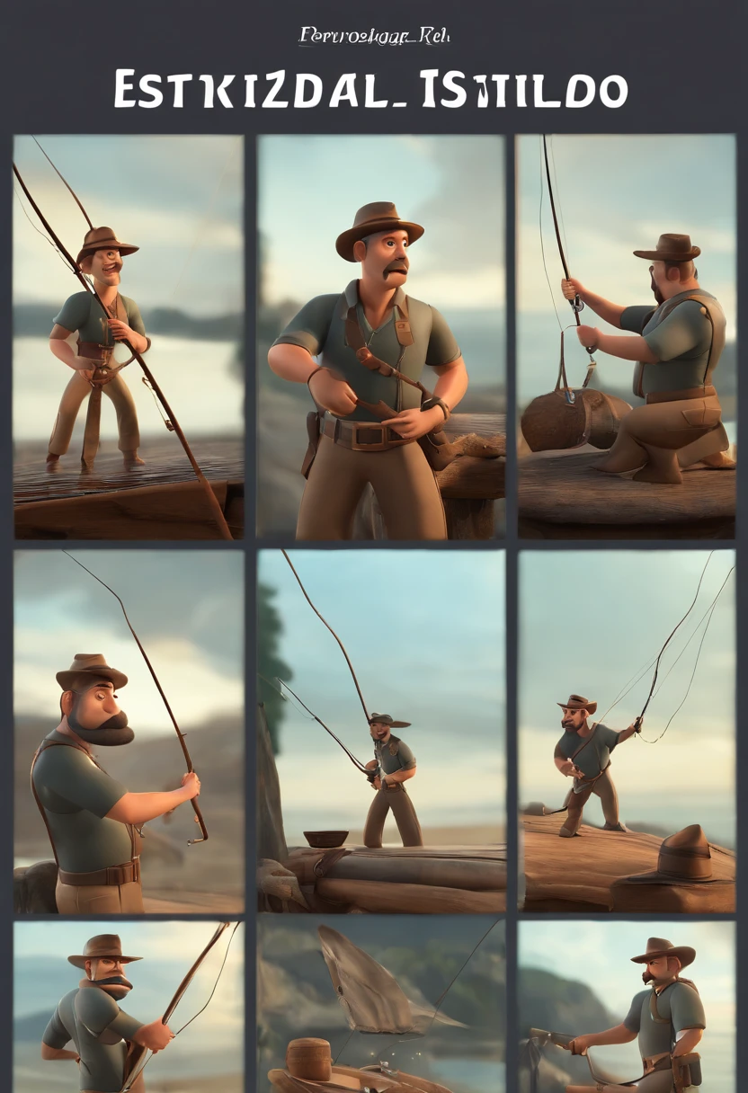 Personaje de dibujos animados de un hombre, tes morena, bayba y bigote cortito, cabello corto oscuro y una camisa azul, animation character, stylized character, Rendering animation styles, with a fishing rod, D estilizado, Arnold Maya render, 3D render estilizado, Toon renderizar keyshot, Personaje 3D, Personaje 3D, Renderizado 3D estilizado, Renderizado de 3 caracteres D, Personaje de dibujos animados, Personaje de primer plano, Pose del personaje, (estilo pixar) (Pieza maestra:1.2) (Bokeh) (La mejor calidad) (Piel detallada) (Textura detallada) (8k) (arcilla) (cinematic lighting) (foco nítido