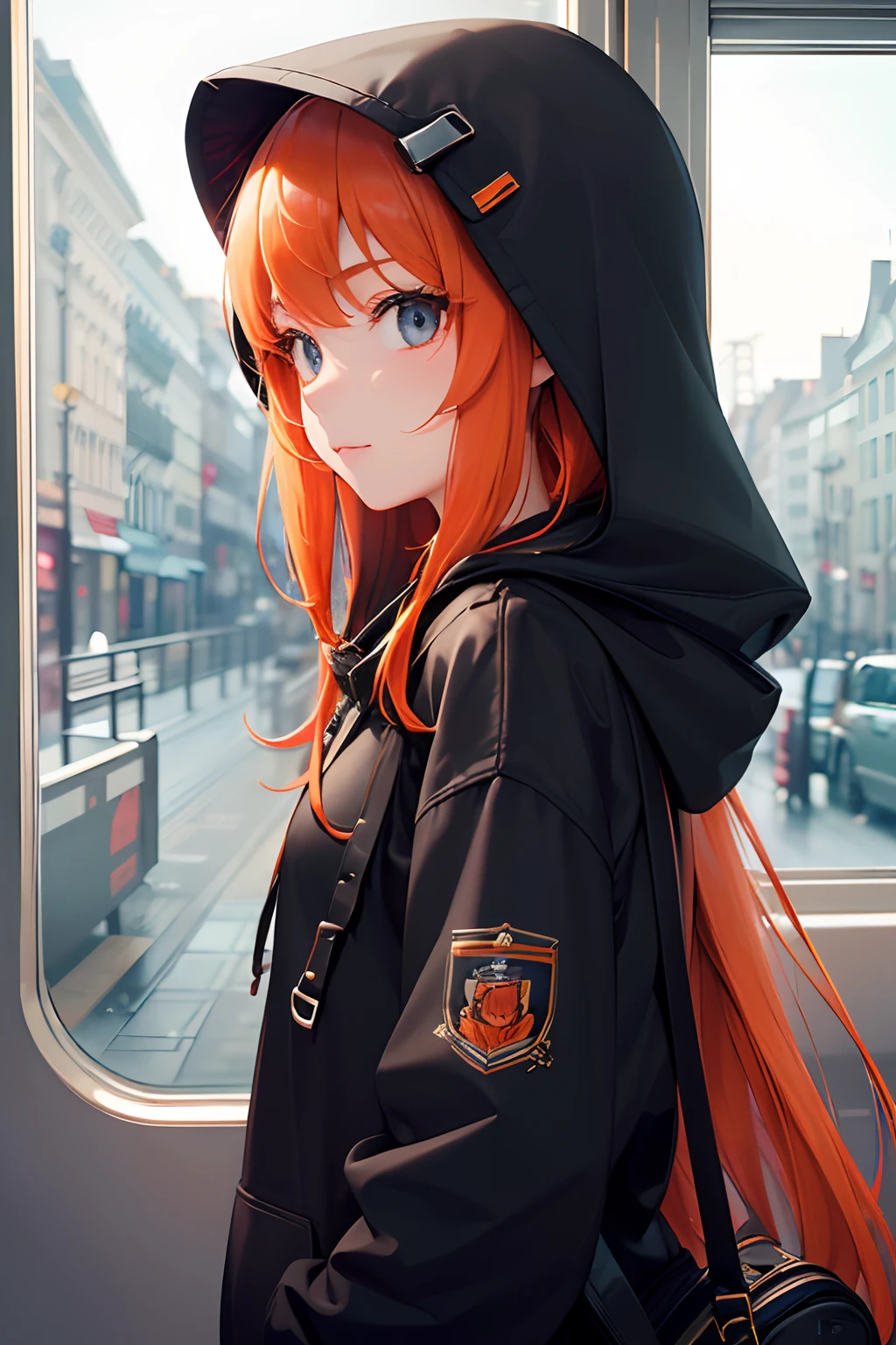 (masterpiece, sidelighting, ultra-detailed, finely detailed beautiful eyes: 1.2), 1girl, bag, building, from side, headphones, hood, hood down, hooded jacket, hoodie, jacket, long hair, orange hair, profile, red hair, solo, train, train interior, upper body, Masterpiece, best quality