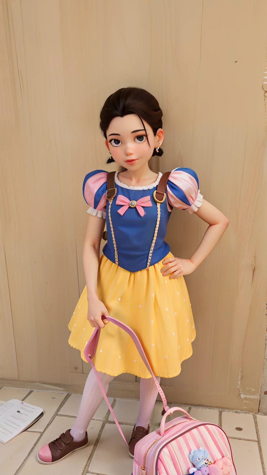 obra-prima, da melhor qualidade, menina 5 anos, with 2 moths in my hair, leve batom vermelho claro, cabelos castanhos, encostada na parede, left hand on waist, Right Hand Holding Trolley Backpack Strap, Light pink mocila with pink stripes and pink strap, ela veste o vestido da branca de neve, ela esta fazendo bico para mandar beijo, She wears white tights all pierced, tenis preto com a ponta brana,